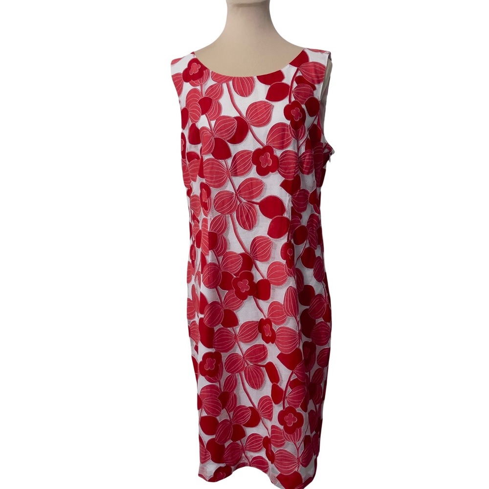 Talbots Womens Floral Sheath Dress 12 Red White Sleeveless Bow Back Shift